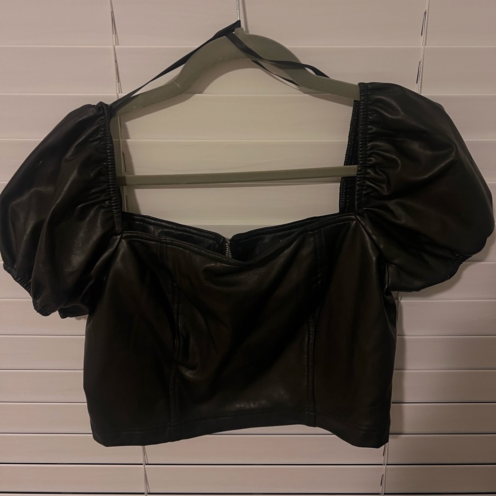 7 For All Mankind Black Leather Puff Sleeve Crop Top